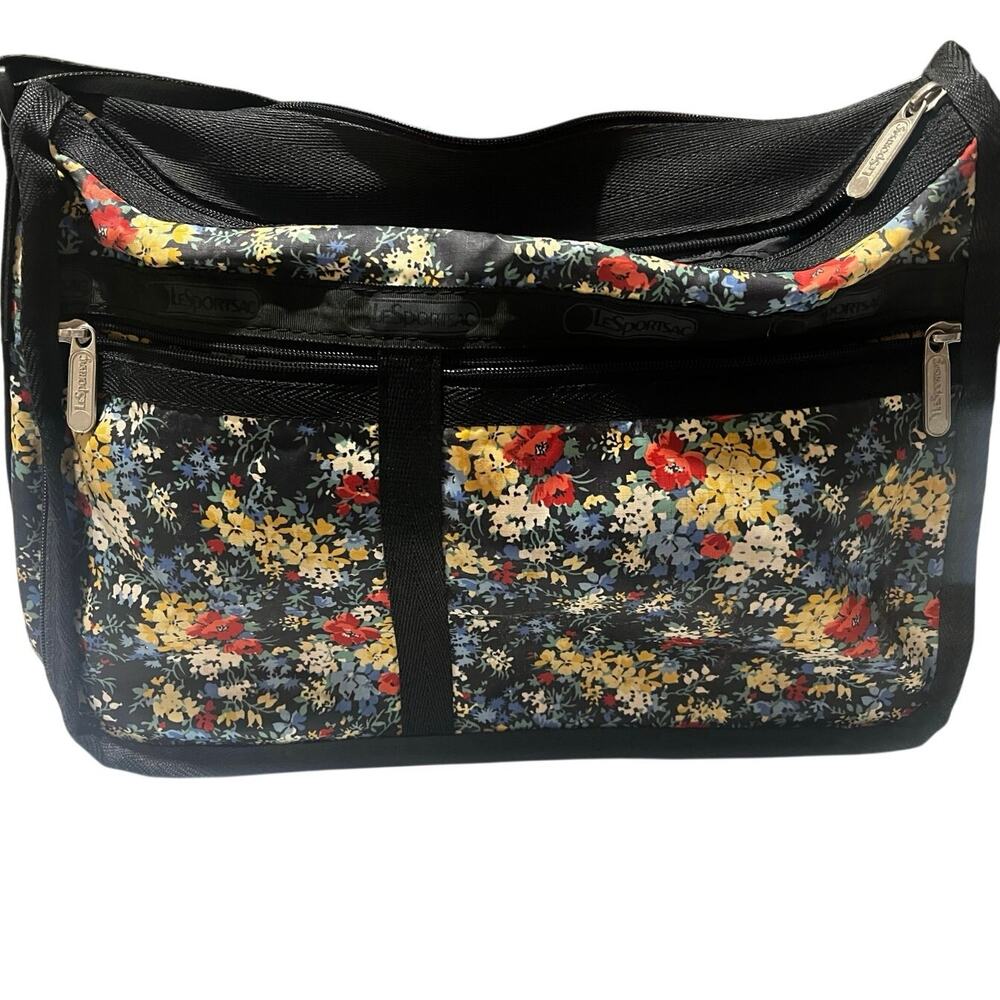 Le Sport Sac Black Medium Size Bag With Floral Print- Lots of Pockets- Spring